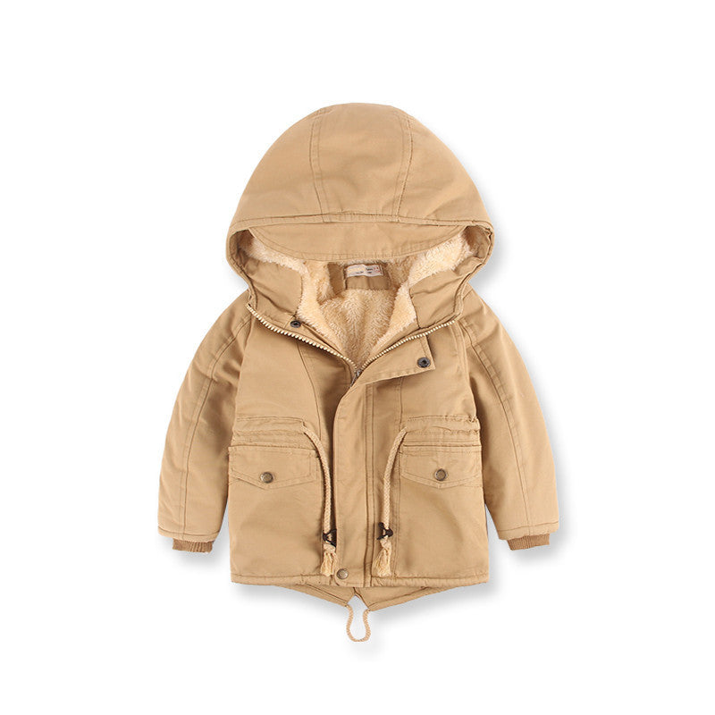 Beige hooded jacket with sherpa lining on a white background