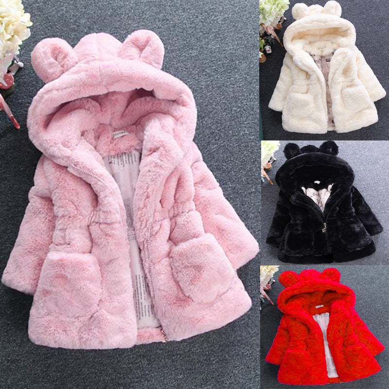 Collage of children's fur-lined hoodies in pink, white, black, and red.