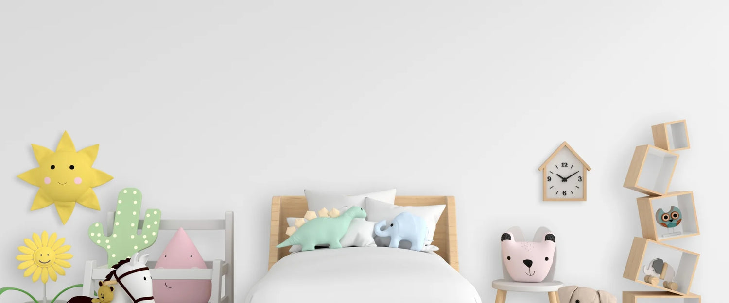 Children's room with a bed, decorative items, and wall art.