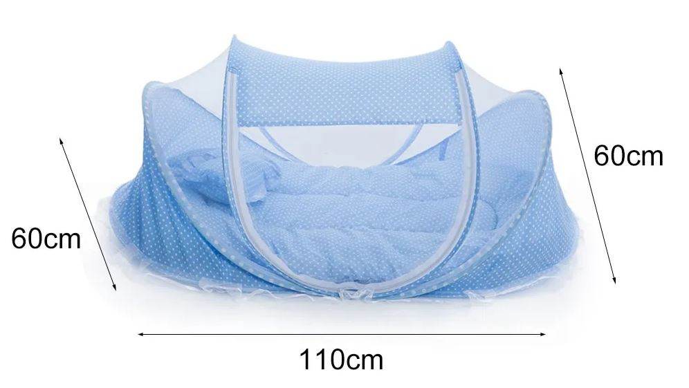 LGW foldable baby bed net blue pop up mosquito net with padded mattress and pillow 110 x 60 cm