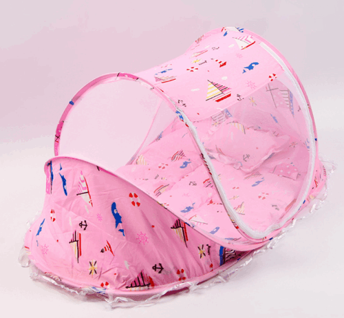 LGW pink foldable baby bed net with nautical print pop up mesh canopy pillow and mattress for travel