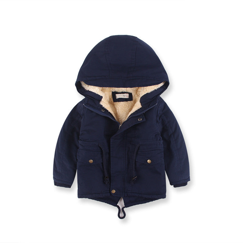 Navy blue children's jacket with hood on a white background