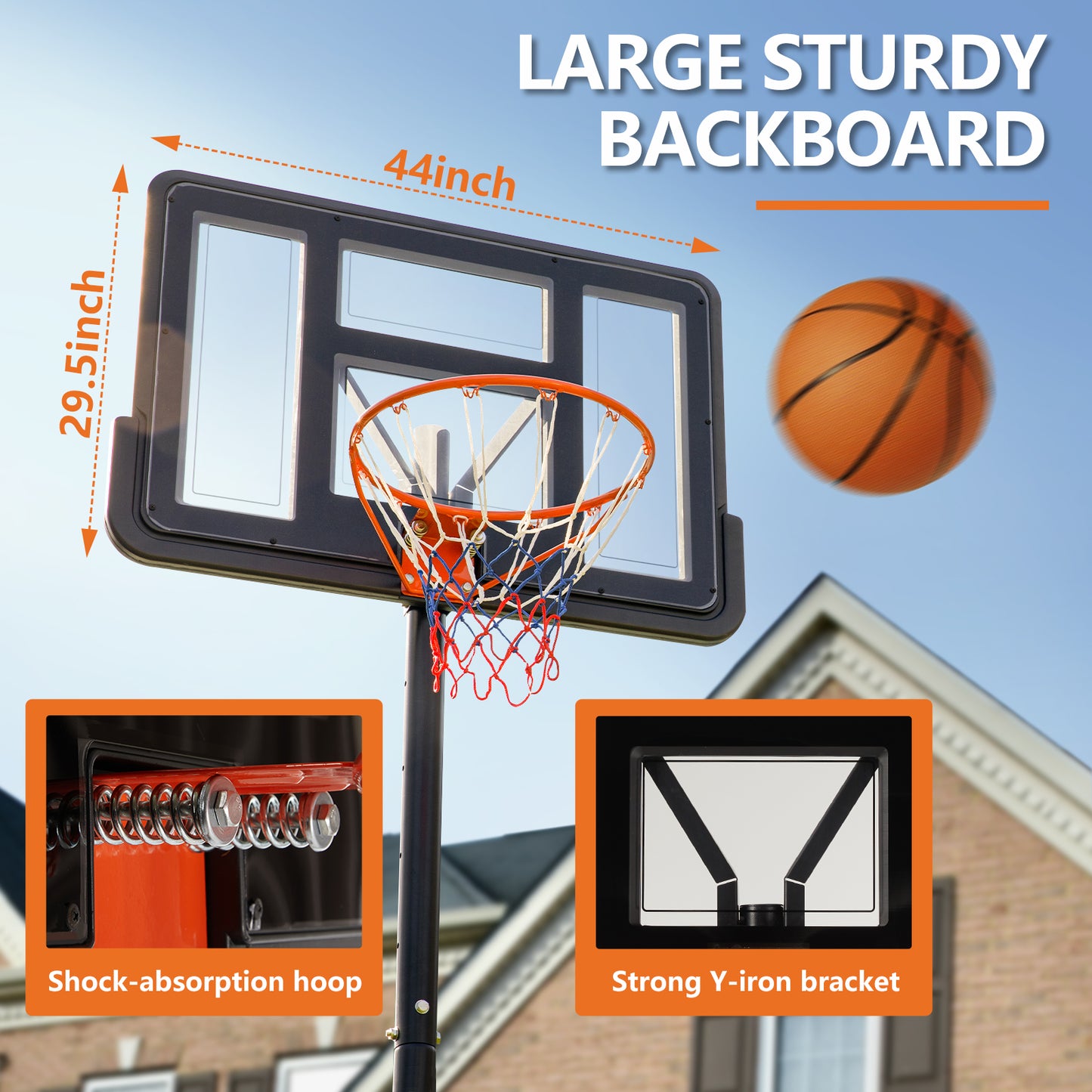 Close-up of shock-absorption hoop and thick PE net on adjustable outdoor basketball goal