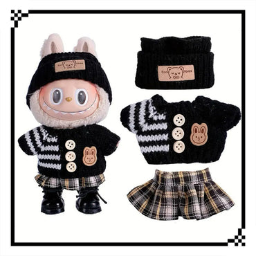 17cm Doll Clothes Set – Pink Plaid Dress with Bow Headband and Chain Purse