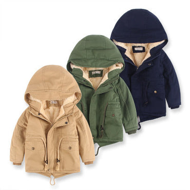 Three children's hooded jackets in beige, green, and navy on a white background