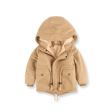 Beige hooded jacket with sherpa lining on a white background