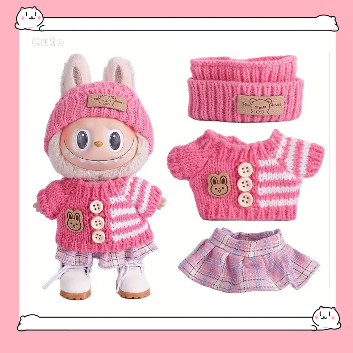 Cute 17cm Plush Doll Outfit – Classic Plaid Dress with Matching Bow and Bag