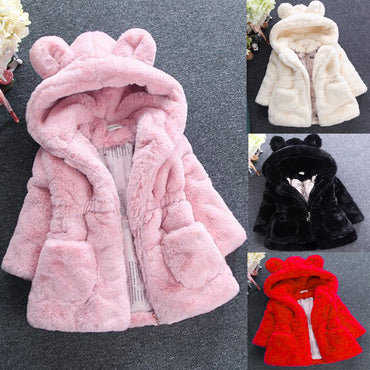 Collage of children's fur-lined hoodies in pink, white, black, and red.
