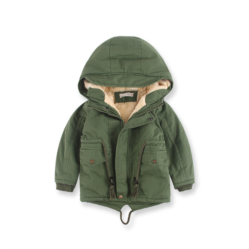 Green hooded jacket with beige interior on a white background