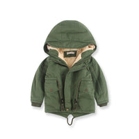 Green hooded jacket with beige interior on a white background