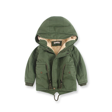 Green hooded jacket with beige interior on a white background