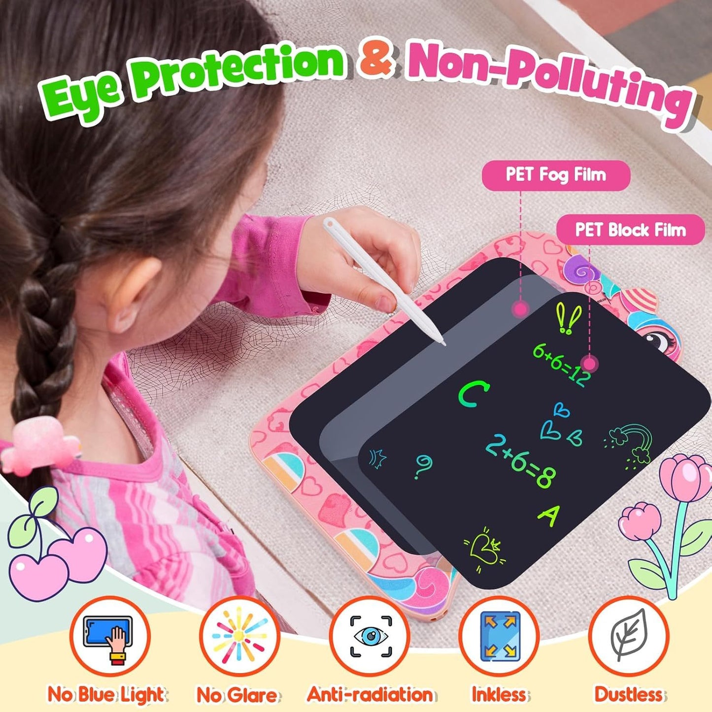 Kids Dinosaur LCD Writing Tablet in Pink – Eye Protection Learning Pad