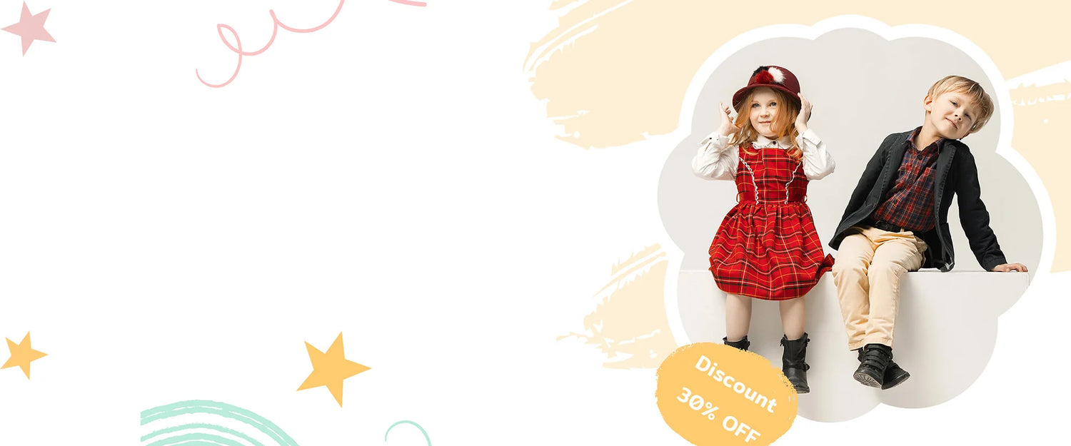 Two children sitting on a cloud with decorative elements and a discount tag.