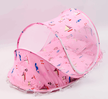 LGW pink foldable baby bed net with nautical print pop up mesh canopy pillow and mattress for travel