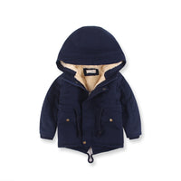 Navy blue children's jacket with hood on a white background