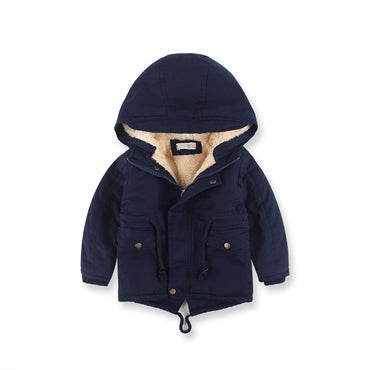 Navy blue children's jacket with hood on a white background