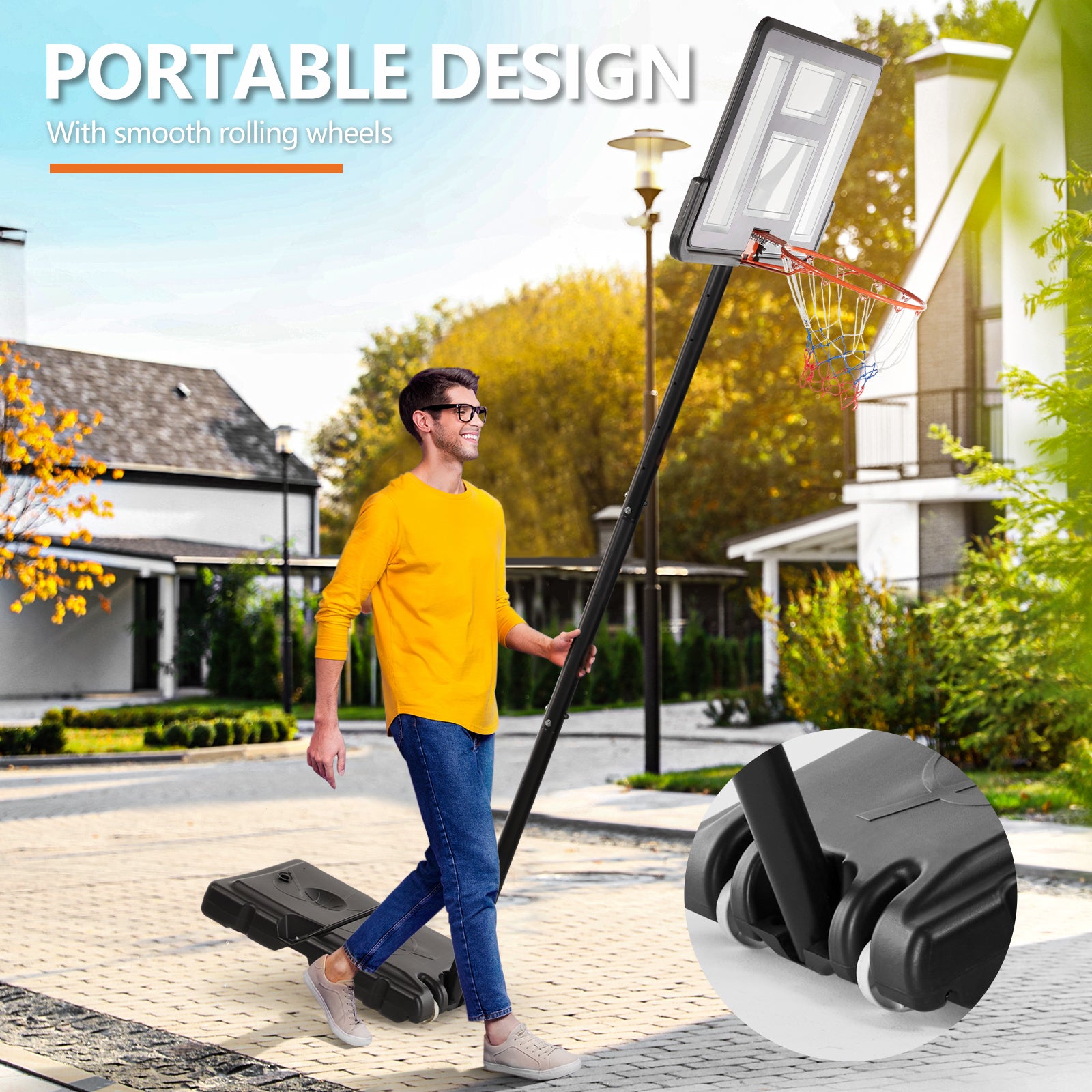 Kids and adults playing with adjustable 4.2 to 10 FT basketball hoop in outdoor backyard setting