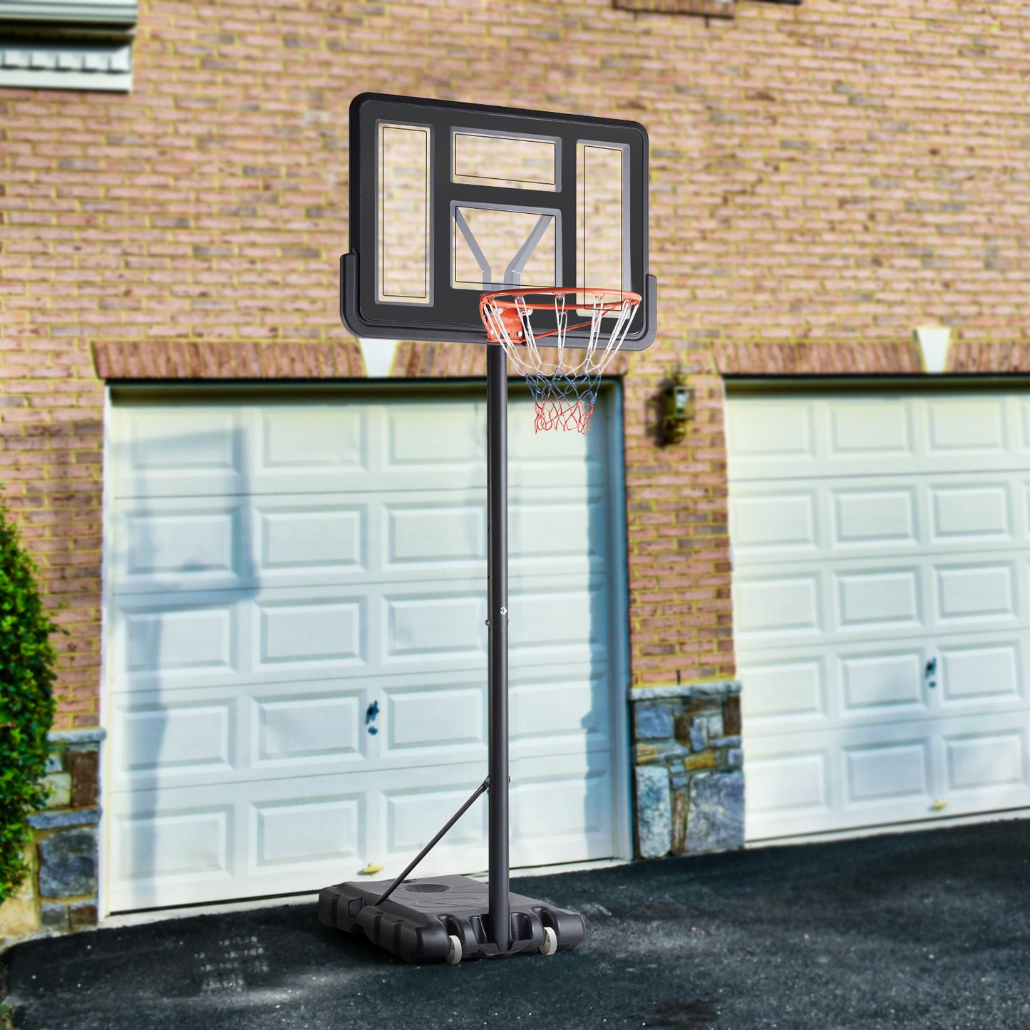 Fillable base with built-in wheels for easy portability of kids basketball hoop