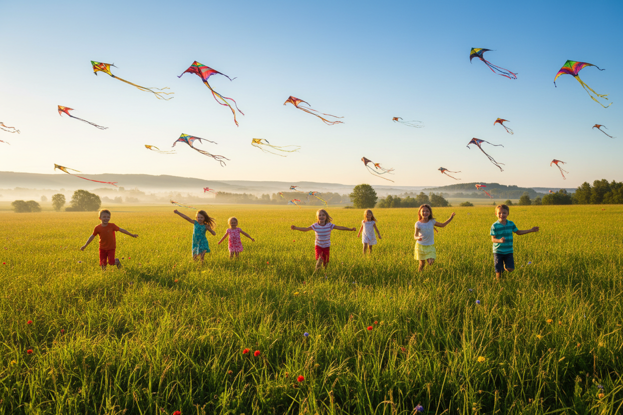 Children Flying Kites in Meadow