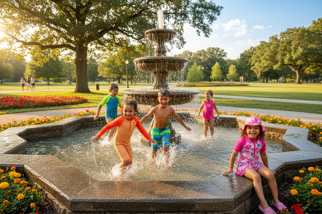 Kids Splashing in Water Fountain